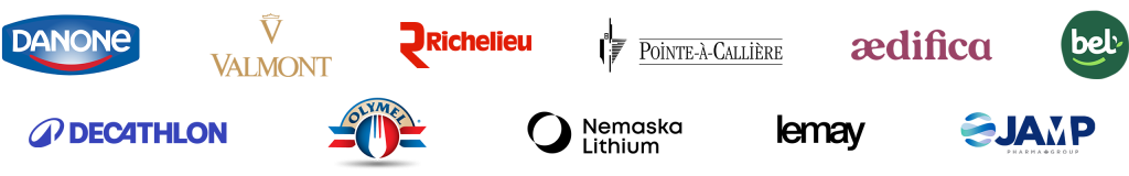 Bannière présentant les clients prestigieux qui ont fait confiance à Production JG, logo Danone, logo Valmont, logo Richelieu, logo Musée Pointe-à-caillère, logo aedifica, logo Bel fromagerie, logo Decathlon, logo Olymel, logo Nemaska Lithium logo Lemay avocat, logo Jamp