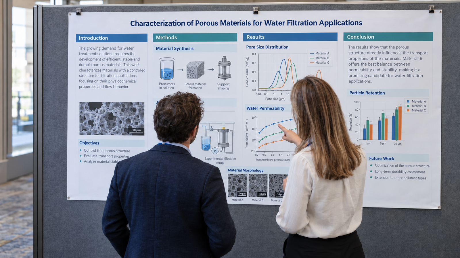 Deux personnes de dos discutent devant un poster scientifique affiché dans un espace de congrès.